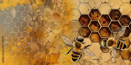 Honey bees on honeycombs. Wax, perga pollen and honey. Beekeeping, wholesome food for health. Banner