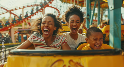 Children having fun on a roller coaster in an amusement park  in a close up shot focused on the children s faces and hands holding the bars of the wooden coaster  a happy screaming girl with wind blow