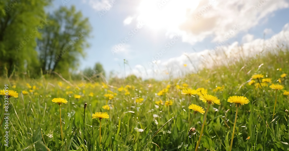 A sun-drenched field of vibrant yellow dandelions with lush green trees in the background. Perfect for spring or summer promotions, nature-themed designs, or projects evoking joy and optimism A sun-drenched field of vibrant yellow dandelions with lush green trees in the background. Perfect for spring or summer promotions, nature-themed designs, or projects evoking joy and optimism