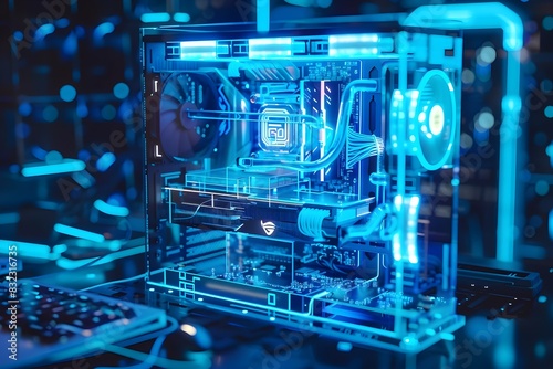 A computer case with a blue light on it. The computer case is open and the inside is illuminated photo
