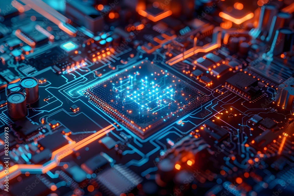 A close up of a computer chip with a blue and orange glow. The chip is surrounded by a black background A close up of a computer chip with a blue and orange glow. The chip is surrounded by a black background