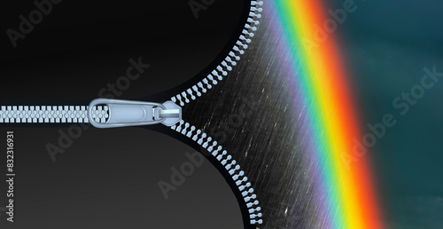 Reißverschluss mit Zip öffnet sich vor farbigem Regenbogen