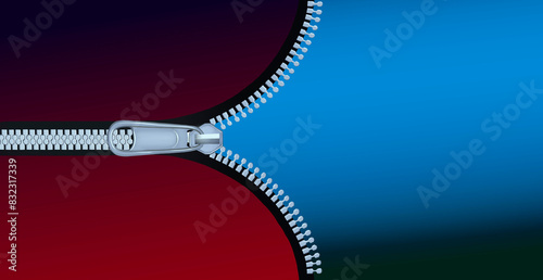Reißverschluss mit Zip öffnet sich vor farbigem blauem Hintergrund