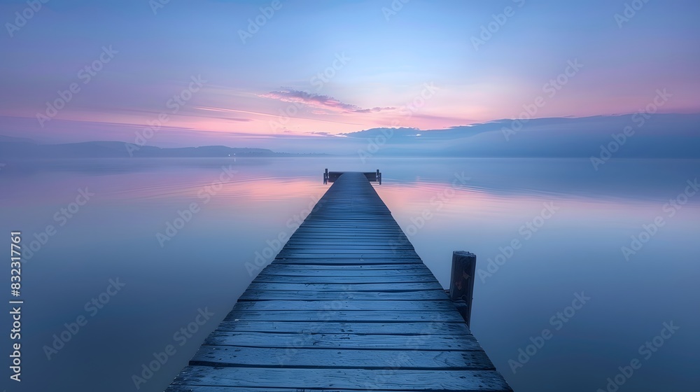 Naklejka premium A long wooden pier extends into the calm lake at dawn, surrounded by serene blue and purple hues of sky and water, creating an atmosphere of tranquility and peace.