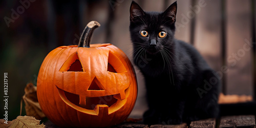 A daylight Halloween festive scene with black kitten with a carved pumpkin in the outdoors.