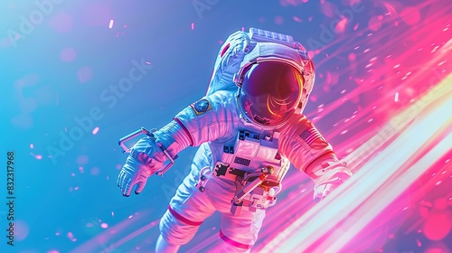 Dynamic Minimalist Digital Illustration: Astronaut Walking on Blue Background with Red Light Reflections