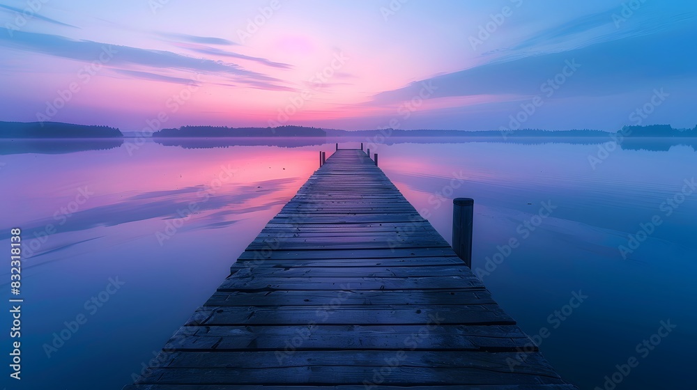 A long wooden pier extends into the calm lake at dawn, surrounded by serene blue and purple hues of sky and water, creating an atmosphere of tranquility and peace. A long wooden pier extends into the calm lake at dawn, surrounded by serene blue and purple hues of sky and water, creating an atmosphere of tranquility and peace.