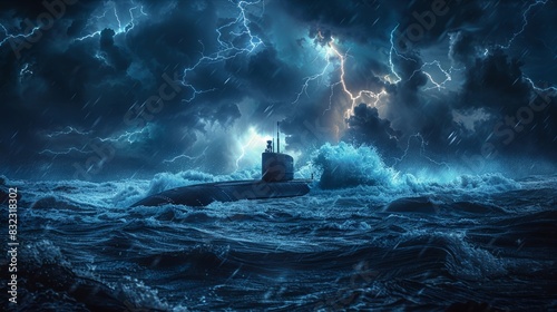 Submarine navigating stormy seas under dramatic lightning-filled sky photo