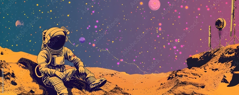 Astronaut Communicating with Earth from Martian Hill under Starry Sky ...