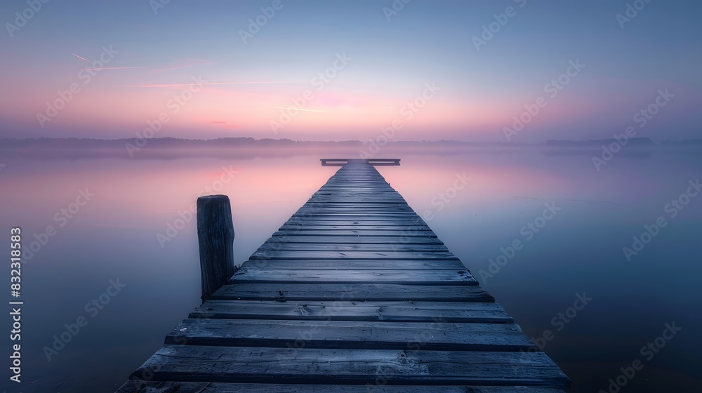 Fototapeta premium A long wooden pier extends into the calm lake at dawn, surrounded by serene blue and purple hues of sky and water, creating an atmosphere of tranquility and peace.