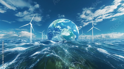 A dynamic view of Earth with animated wind patterns and ocean currents powering turbines and wave energy converters, illustrating a living, breathing planet powered by renewable sources.