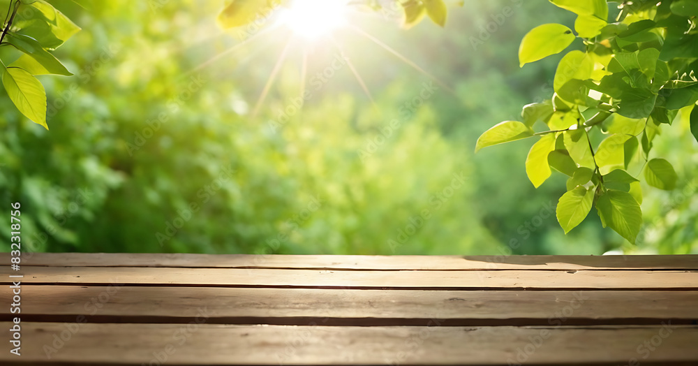 A wooden table in the foreground with a blurred-out background of a sunny green meadow with trees and grass.Perfect for product displays, nature-themed designs, or spring promotions. A wooden table in the foreground with a blurred-out background of a sunny green meadow with trees and grass.Perfect for product displays, nature-themed designs, or spring promotions.
