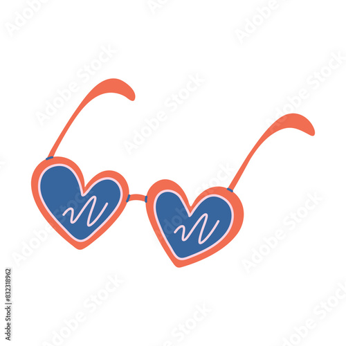 Groovy hippie sunglasses in retro 1970s style. Sunglasses with frame of red heart shape. Funny hippie eyeglasses. Summertime Sun protection accessory. Flat style hand drawn vector illustration.

