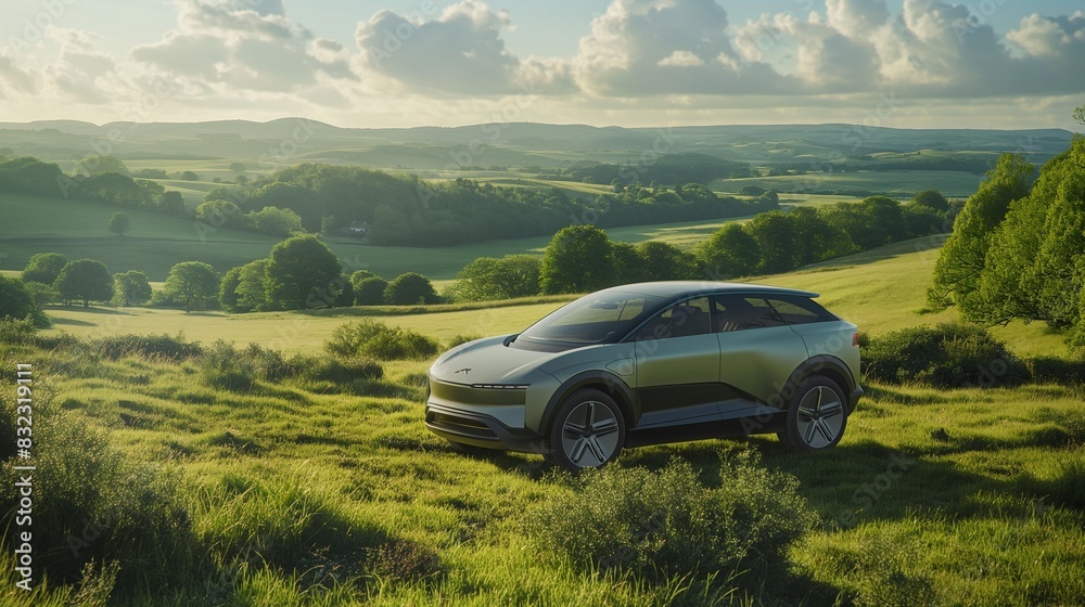 A family-sized hybrid vehicle traveling through a lush green countryside, emphasizing the vehicleant A family-sized hybrid vehicle traveling through a lush green countryside, emphasizing the vehicleant