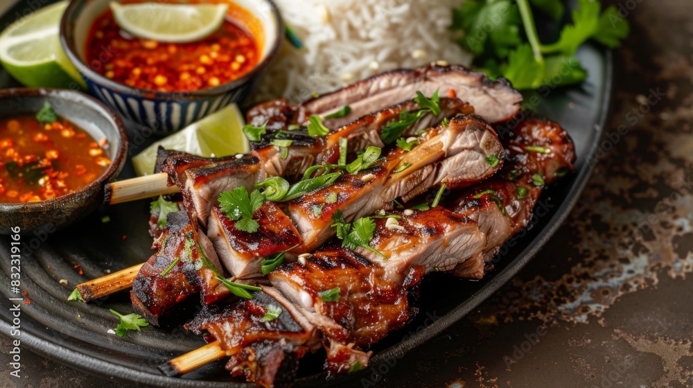 A platter of grilled pork neck served with spicy Thai dipping sauce, lime wedges, and sticky rice