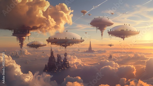 A futuristic city is floating in the sky above a cloudy backdrop. The city is made up of many buildings  including a large castle. The sky is filled with clouds  giving the scene a dreamy