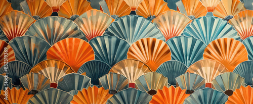 Abstract paper fans in various shades of orange, blue and grey are arranged to create an intricate pattern. The fans are arranged in the style of pointillism to form an abstract design.