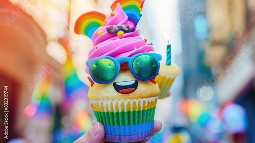 A cute cartoon character enjoys a rainbow cupcake at a colorful Pride Month celebration