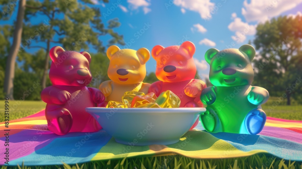 Fototapeta premium Adorable 3D cartoon friends share a bowl of colorful gummy bears at a Pride Month picnic