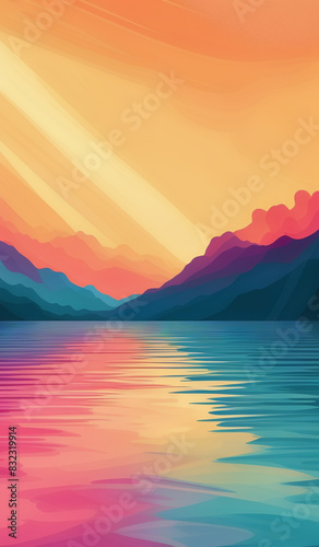 sunset over the lake, a painting of a sunset with a rainbow in the background