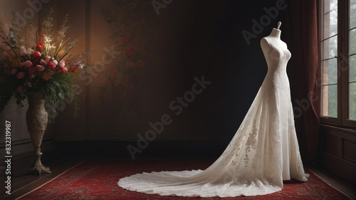 A luxurious wedding dress displayed on a mannequin, with intricate beadwork and a long train, set against a soft, romantic backdrop, Generative AI