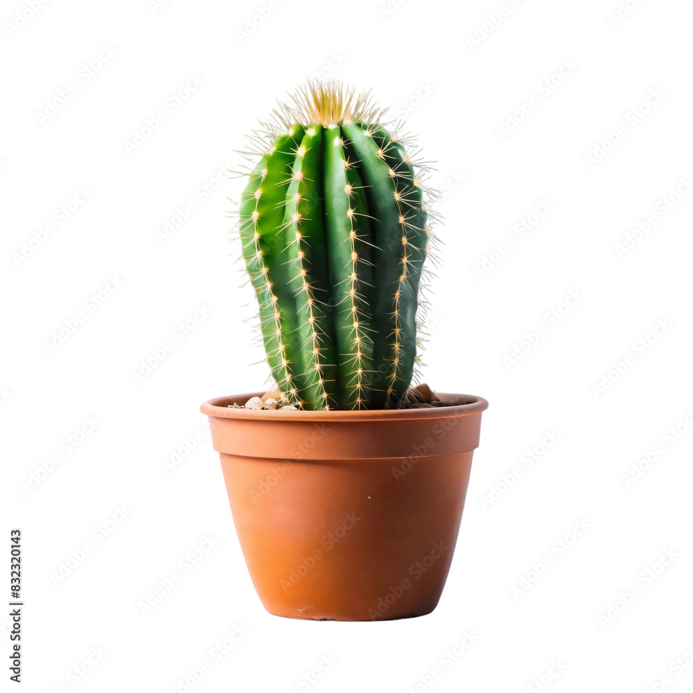 A small potted cactus with sharp spines stands alone on a white background A small potted cactus with sharp spines stands alone on a white background