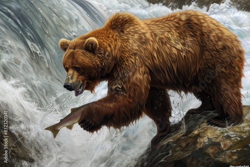 Grizzly Bear Catching Salmon in Rapids