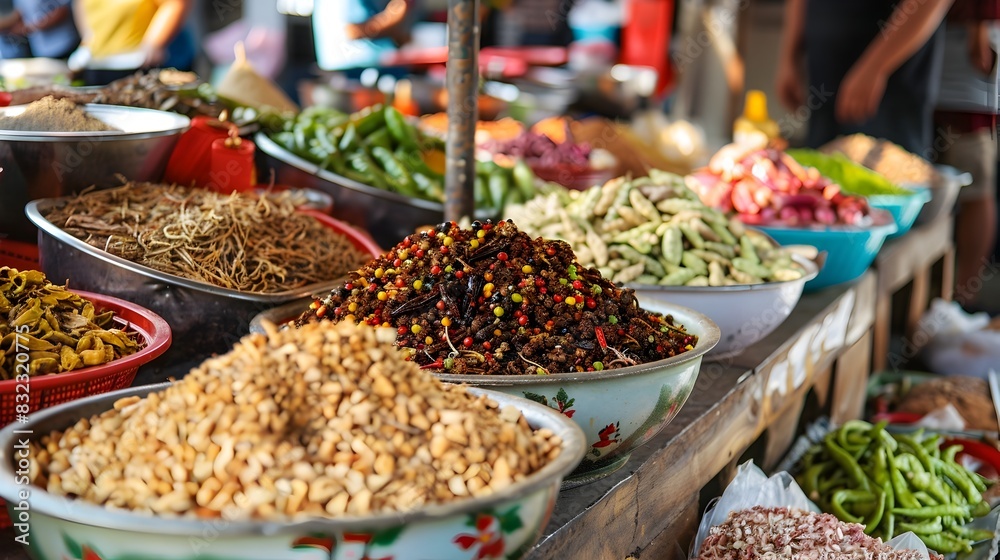 Vibrant Display of Exotic Spices and Herbs at Traditional Thai Market