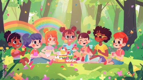 A group of cute cartoon characters enjoy a picnic in the park  celebrating Pride Month with rainbow-themed treats