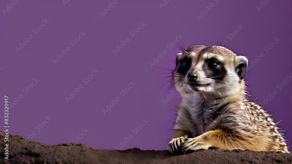 a meerkat is sitting in front of a purple background. a meerkat is sitting in front of a purple background.