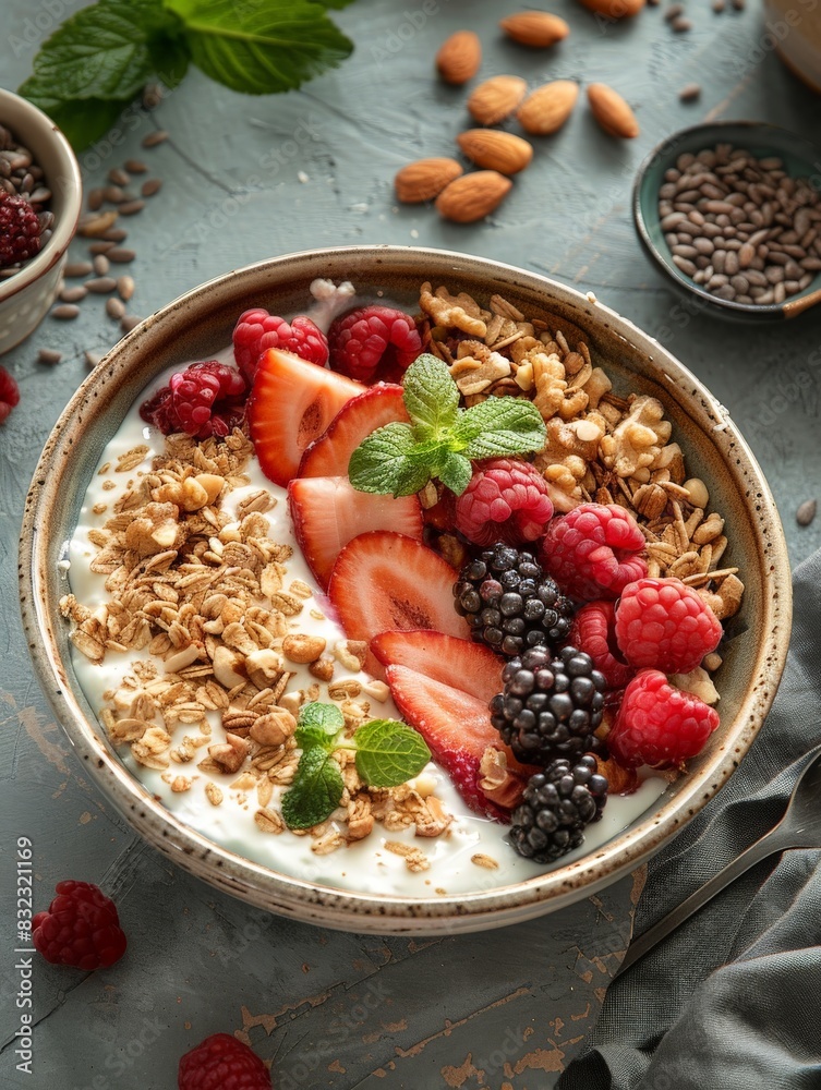 An overhead shot of a healthy breakfast bowl with fruits, nuts, and yogurt, placed on a simple table. The minimalist setting emphasizes the importance of a healthy lifestyle and wellness. An overhead shot of a healthy breakfast bowl with fruits, nuts, and yogurt, placed on a simple table. The minimalist setting emphasizes the importance of a healthy lifestyle and wellness.