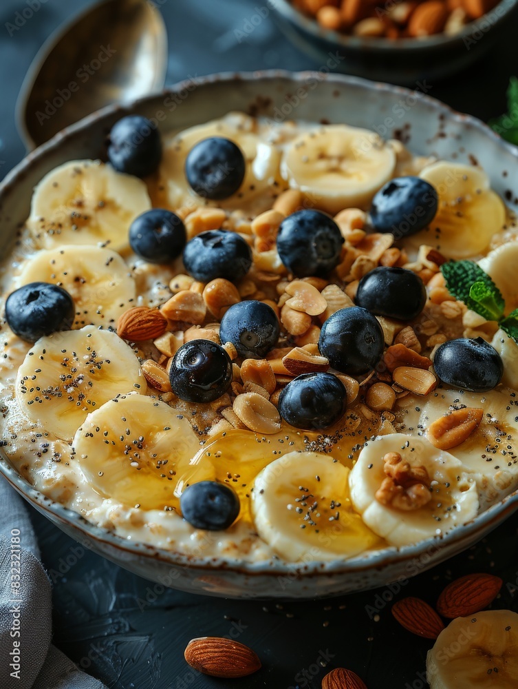 An overhead shot of a healthy breakfast bowl with fruits, nuts, and yogurt, placed on a simple table. The minimalist setting emphasizes the importance of a healthy lifestyle and wellness. An overhead shot of a healthy breakfast bowl with fruits, nuts, and yogurt, placed on a simple table. The minimalist setting emphasizes the importance of a healthy lifestyle and wellness.