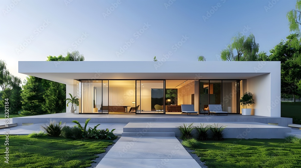 A modern minimalist house with large windows and a concrete floor, surrounded by green grass in the background. showcasing a spacious patio area with seating and plants.