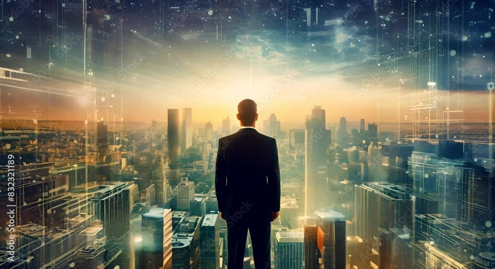 businessman on future network city background businessman on future network city background