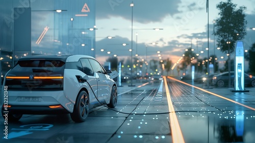 A futuristic depiction of electric vehicles automatically charging during off-peak hours in a smart city, facilitated by a smart grid that optimizes energy use based on demand. photo