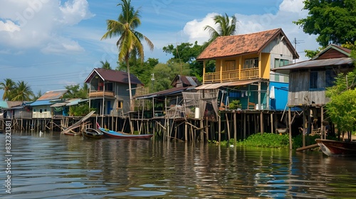 Charming Stilt Houses in Tranquil Fishing Village by the Tropical Coast photo