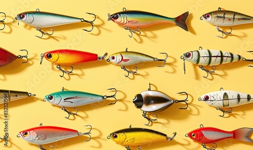 a image of a wall of fishing lures on a yellow background