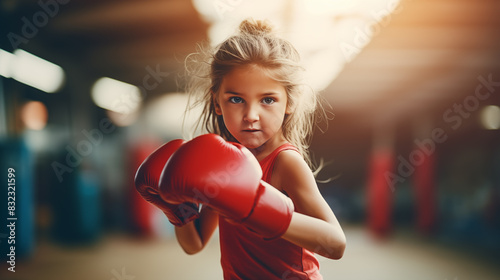 The girl is engaged in boxing. Childhood. Active lifestyle.person with gloves photo