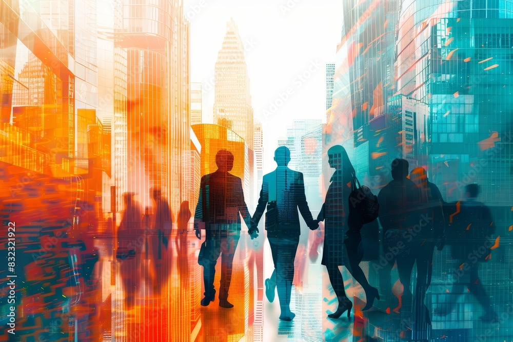 Join hands, teamwork, business people, copy space, vivid tones, double exposure silhouette with skyscrapers