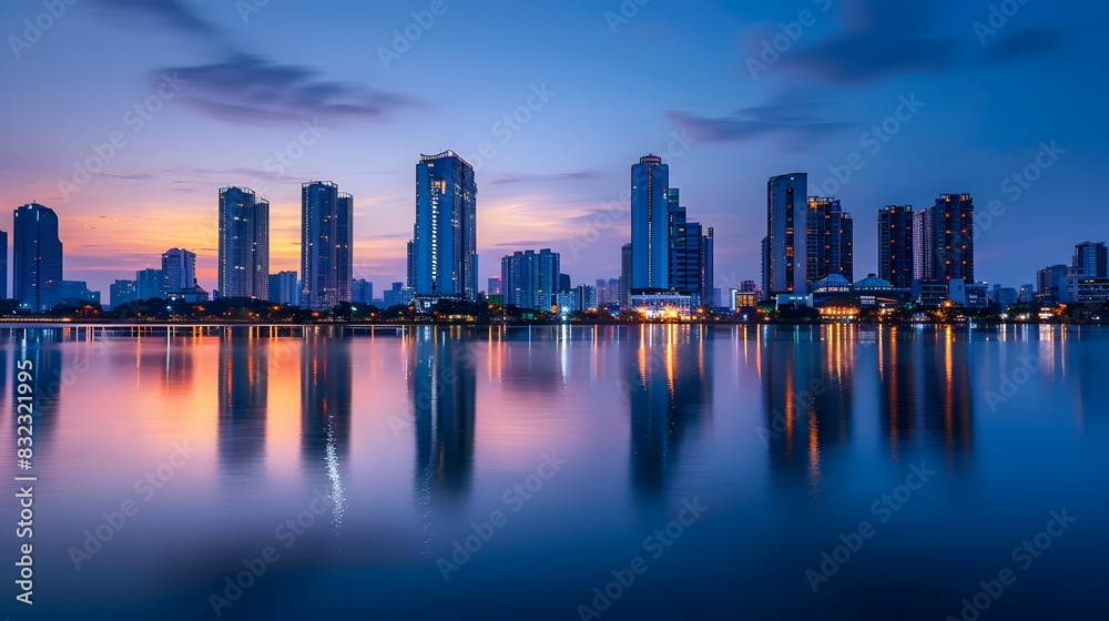 Obraz premium Tranquil Blue Hour Cityscape: Skyscrapers bathed in Harmonious Blue and Orange Hues