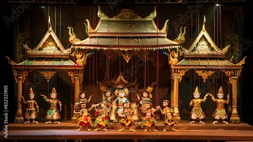 Elaborate Traditional Thai Puppet Theater Performance on Ornately Decorated Stage © Ratchadaporn