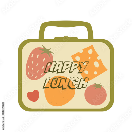 Cute school lunch box with cheese, strawberry, tomato and orange. Isolated vector illustration for your design