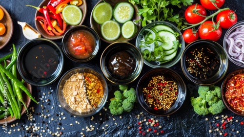 A selection of Thai sauces and condiments, such as oyster sauce and hoisin sauce, displayed with a variety of fresh produce photo