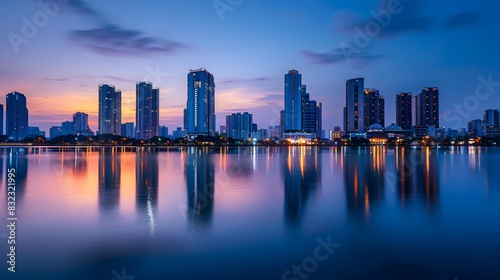 Tranquil Blue Hour Cityscape: Skyscrapers bathed in Harmonious Blue and Orange Hues