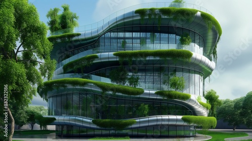 A futuristic office building with a double-skin glass facade that houses climbing ivies and trees between the layers for thermal insulation and CO2 reduction. photo