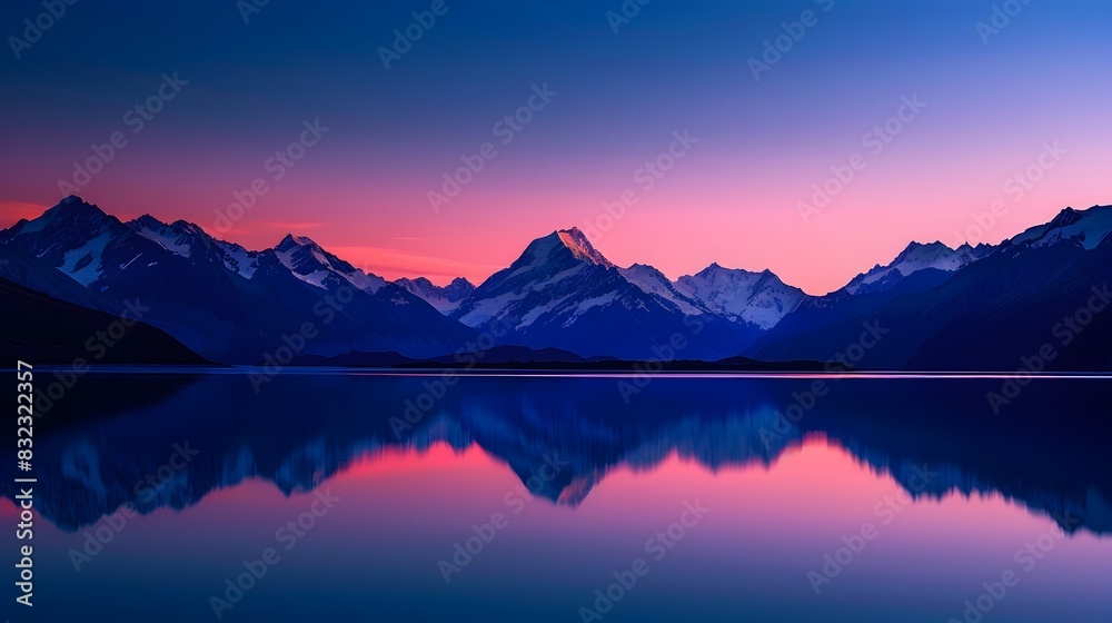 Blue Hour Majesty - Majestic Mountain Range Silhouetted Against Vibrant Twilight Sky and Reflected