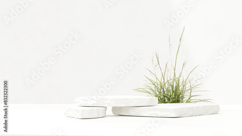 Premium simple minimalist white marble stone plate podium and flower grass for product presentation in landscape