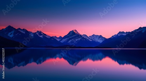 Blue Hour Majesty - Majestic Mountain Range Silhouetted Against Vibrant Twilight Sky and Reflected