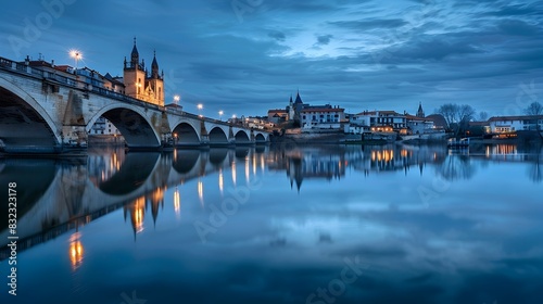 Blue Hour Tranquility: Romantic Riverside Scene with Glowing Bridges and Buildings