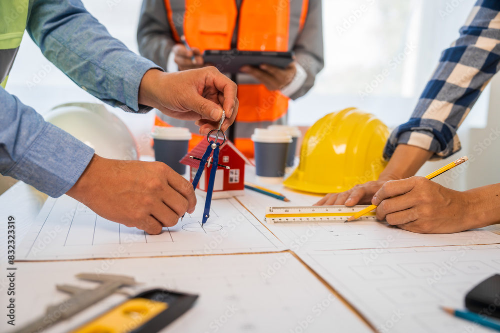An architect engineer meeting is taking place at a desk covered with blueprints. They are discussing plans for a house, an apartment, and a condo, focusing on design and renovation strategies. An architect engineer meeting is taking place at a desk covered with blueprints. They are discussing plans for a house, an apartment, and a condo, focusing on design and renovation strategies.